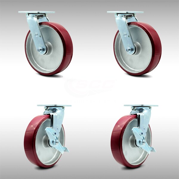 8 Inch SS Poly on Aluminum Swivel Caster Set with Ball Bearings 2 Brakes SCC